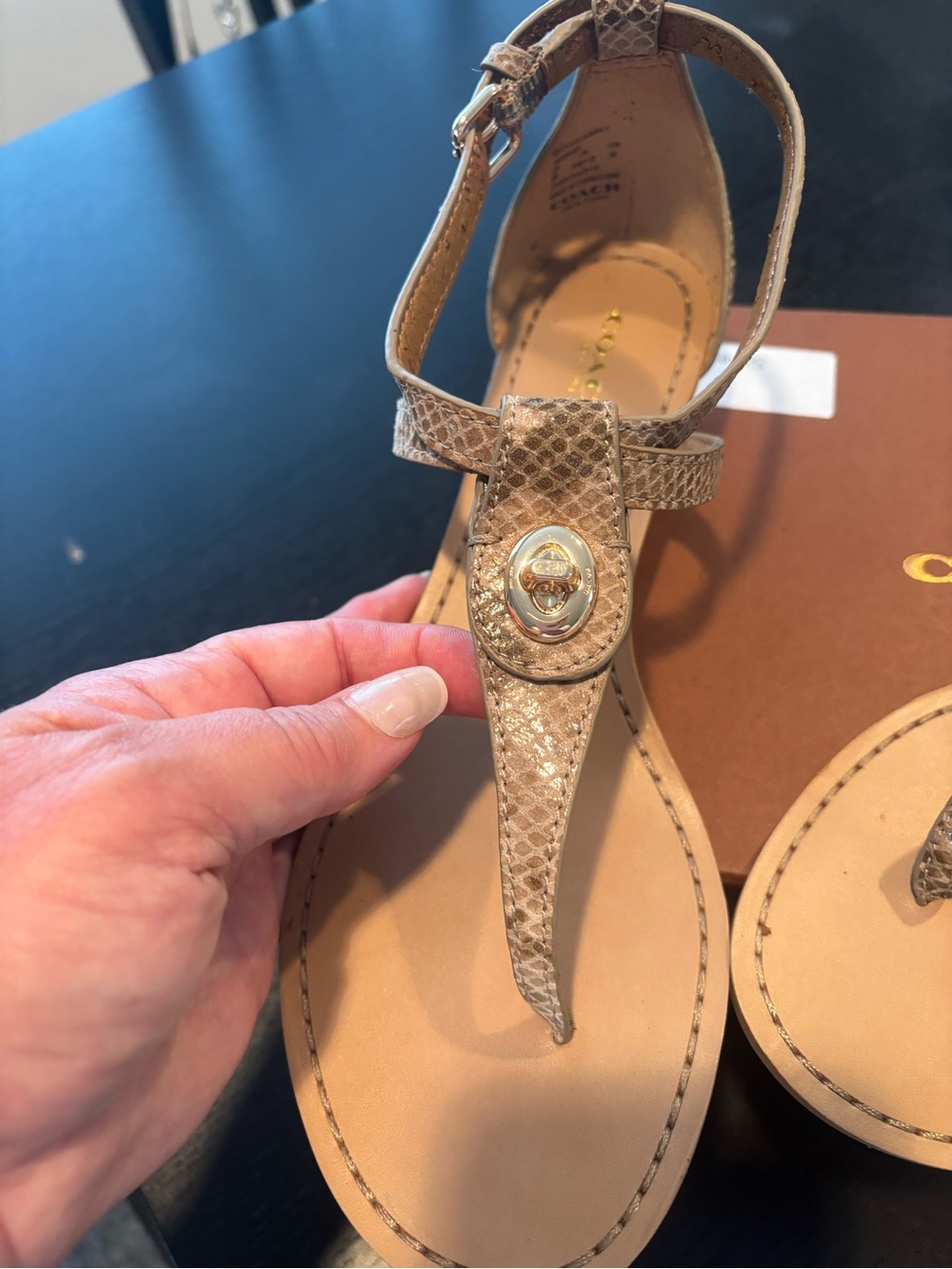 Coach Ingrid Tan Snakeskin-Print Thong Wedge Sandals with Gold Turnlock - Picture 3 of 9